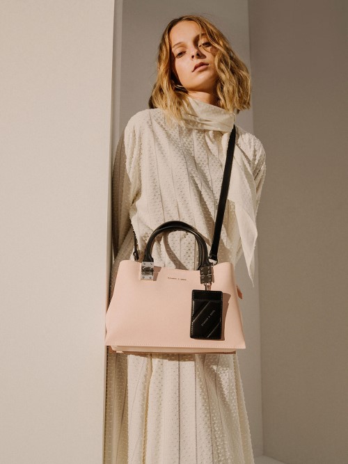 Double Top Handle Structured Bag, Pink